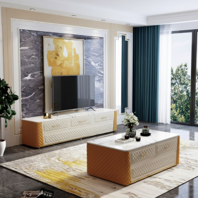 Sideboard TV Lowboard RTV XL Cabinet Coffee Table Marble Imitation 2-piece