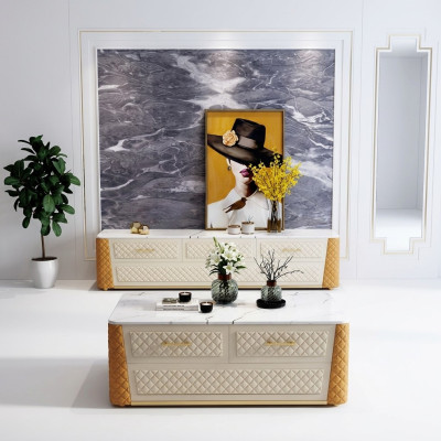 Sideboard TV Lowboard RTV XL Cabinet Coffee Table Marble Imitation 2-piece