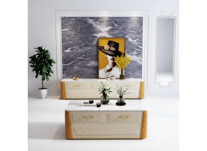 Sideboard TV Lowboard RTV XL Cabinet Coffee Table Marble Imitation 2-piece