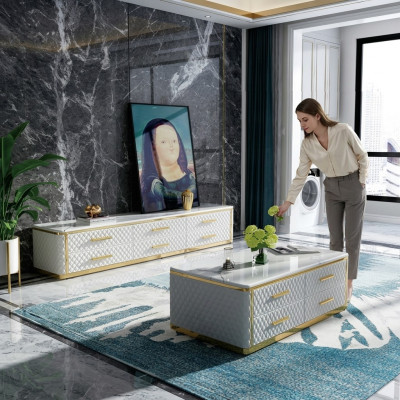 Stainless Steel Sideboard Leather Marble Imitation Stone Coffee Tables 200x40cm