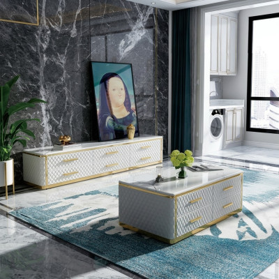 Stainless Steel Sideboard Leather Marble Imitation Stone Coffee Tables 200x40cm