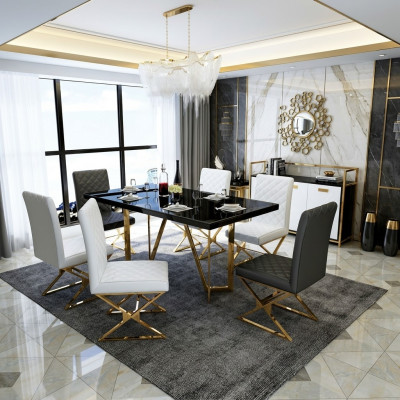 Modern dining set stainless steel furniture table glass 6x armchair chair