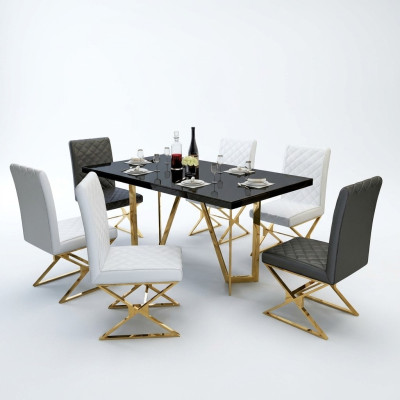 Modern dining set stainless steel furniture table glass 6x armchair chair