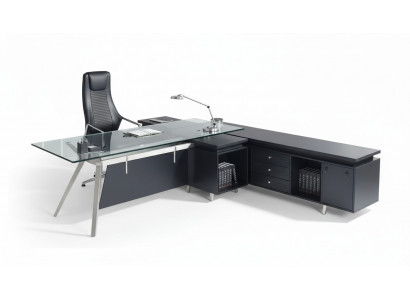 Moderner Eckschreibtisch aus MDF, PVC, Edelstahl und Glas in Holzoptik
