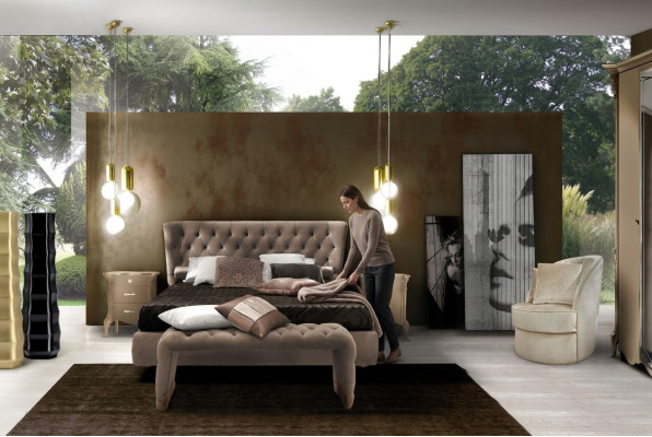Luxury Bedroom Set 4-piece. Bed + 2x Nightstand + Stool Modern Design Beds Solid Wood