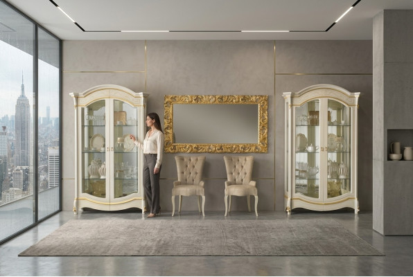 Classic living room furniture white gold wood showcase display cabinet furniture