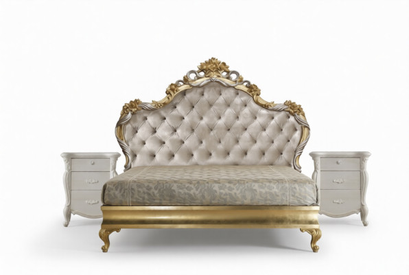 Beautiful bed in a classic style with a carved headboard.