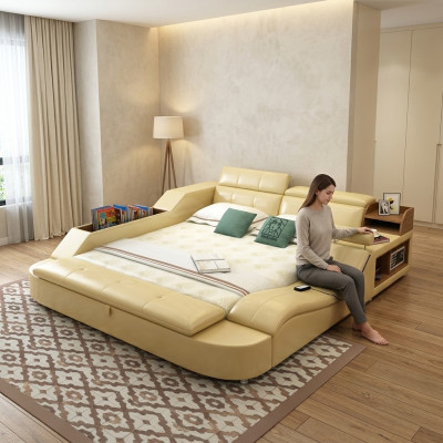 Multi-function bed luxury design leather beds double decor shelf 180x200cm
