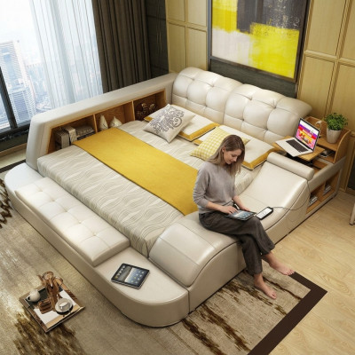 Luxury functional bed with safe, laptop tray, double marriage beds, XXL hotel leather