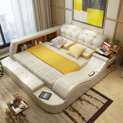 Luxury functional bed with safe, laptop tray, double marriage beds, XXL hotel leather