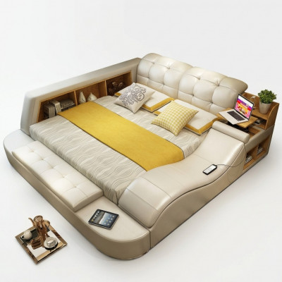 Luxury functional bed with safe, laptop tray, double marriage beds, XXL hotel leather
