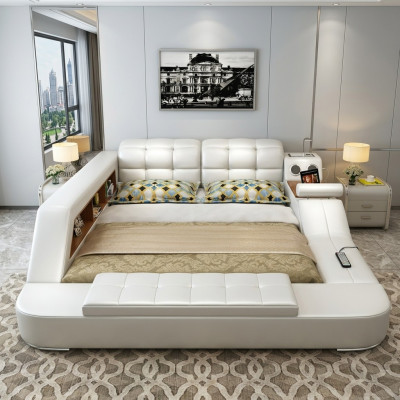Bed Multifunction Shelf Wardrobe USB Charging Station Decoration Double Leather Beds