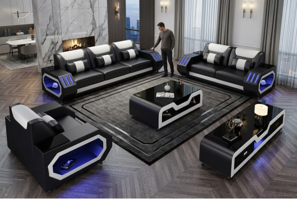 Leather sofa couch set 3+2+1 - Illuminated designer couches new