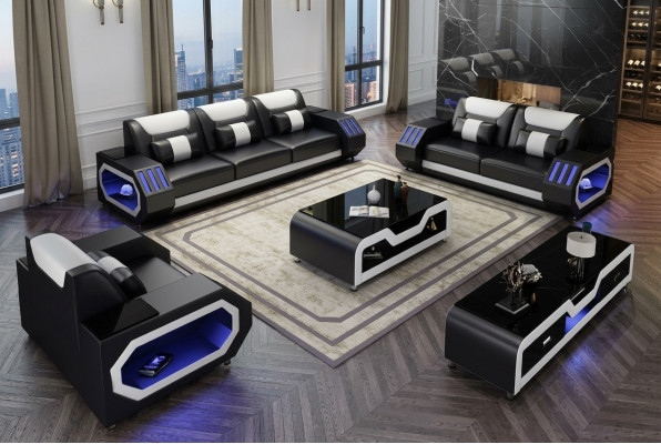 Leather sofa couch set 3+2+1 - Illuminated designer couches new