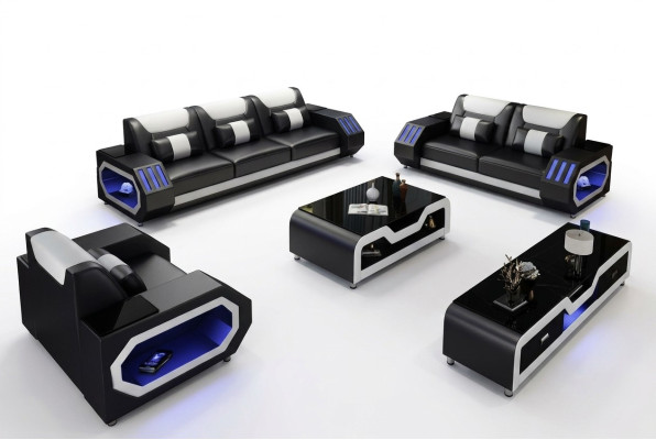Leather sofa couch set 3+2+1 - Illuminated designer couches new