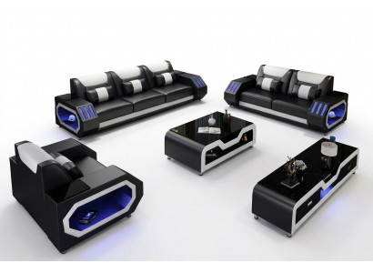 Leather sofa couch set 3+2+1 - Illuminated designer couches new