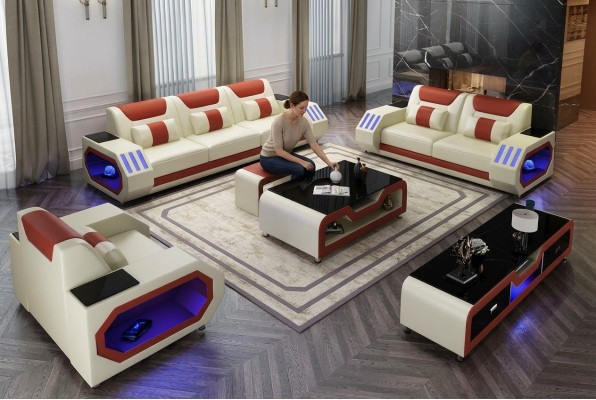 Leather sofa couch set 3+1+1 - Illuminated designer couches new