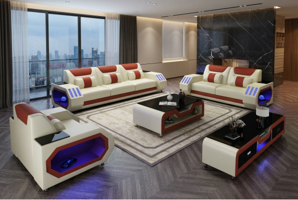 Leather sofa couch set 3+1+1 - Illuminated designer couches new