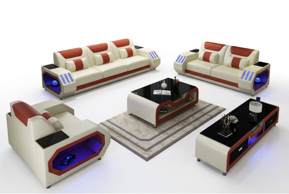 Leather sofa couch set 3+1+1 - Illuminated designer couches new