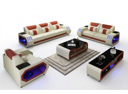 Leather sofa couch set 3+1+1 - Illuminated designer couches new
