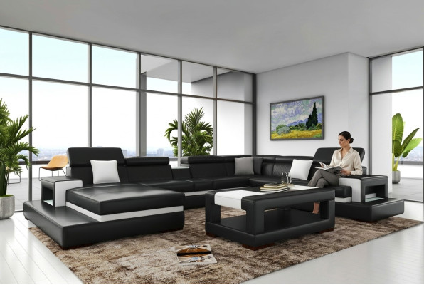 Black corner sofa living area leather sofa with relax function big couches