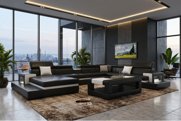 Black corner sofa living area leather sofa with relax function big couches