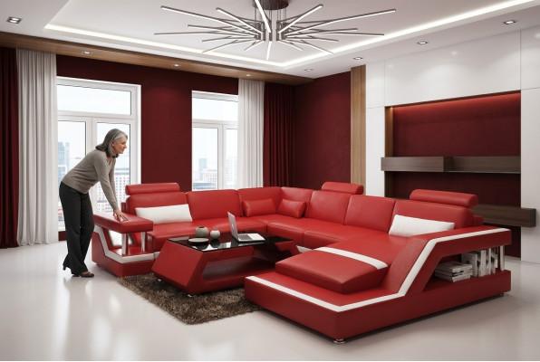 Red corner sofa leather sofa big XXL U-shaped living landscape sofa couch