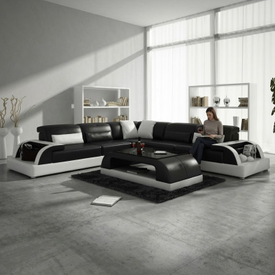 Sectional sofa L-shape + coffee table sofa couch design gray upholstery leather