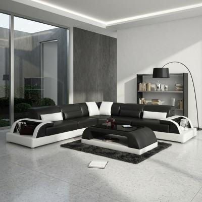 Sectional sofa L-shape + coffee table sofa couch design gray upholstery leather