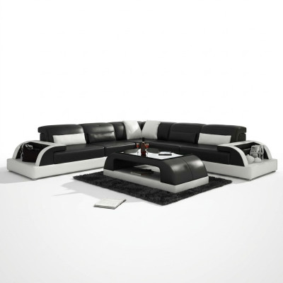 Sectional sofa L-shape + coffee table sofa couch design gray upholstery leather