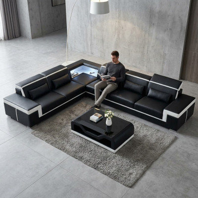 Designer sofa, couch, corner sofa, leather, textile ensemble, living area, upholstery