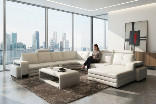 U-shaped sectional sofa + 2x ottomans + coffee table couch design gray upholstered leather