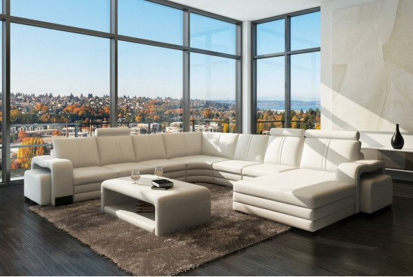 U-shaped sectional sofa + 2x ottomans + coffee table couch design gray upholstered leather