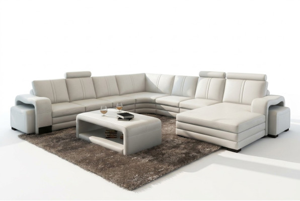 U-shaped sectional sofa + 2x ottomans + coffee table couch design gray upholstered leather
