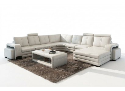 U-shaped sectional sofa + 2x ottomans + coffee table couch design gray upholstered leather