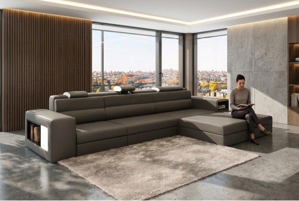 Sectional leather sofa, living area, L-shaped sofa, decorative couch, upholstered seating corner.