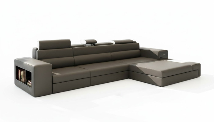 Sectional leather sofa, living area, L-shaped sofa, decorative couch, upholstered seating corner.