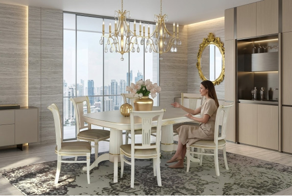 Dining Set Table + 6x Chairs Chair Dining Room Set Solid Wood Textile 7-piece.