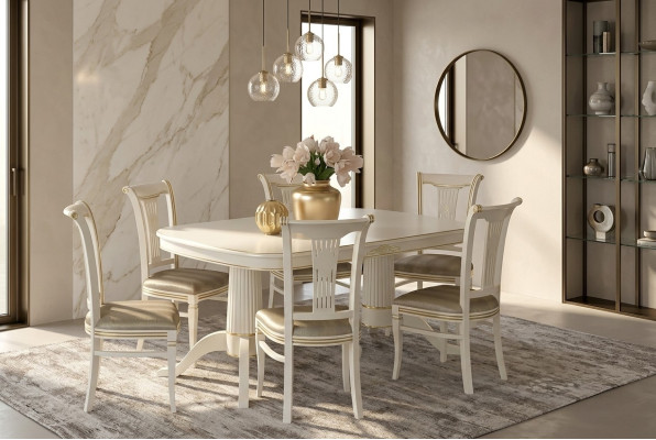 Dining Set Table + 6x Chairs Chair Dining Room Set Solid Wood Textile 7-piece.