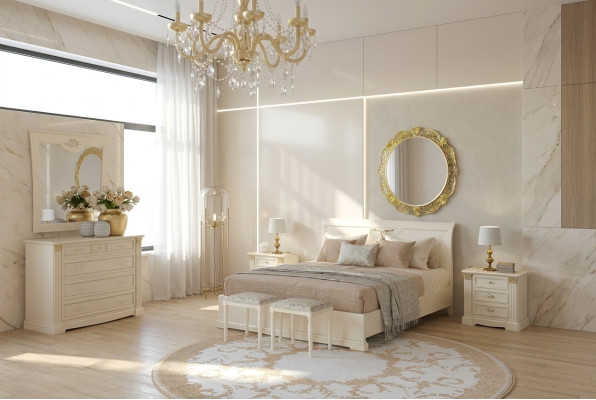 Bed, nightstand, dresser, 7-piece bedroom set, design luxury bedroom, solid wood.