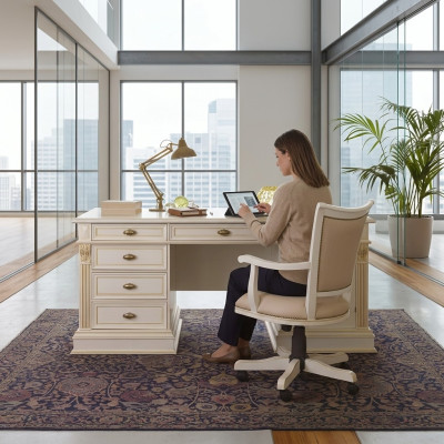 Office Set Desk Executive Chair Complete Office Baroque Rococo 2-piece Set Solid Wood