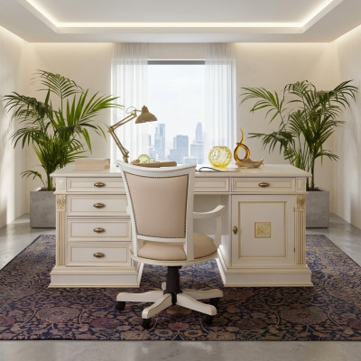 Office Set Desk Executive Chair Complete Office Baroque Rococo 2-piece Set Solid Wood