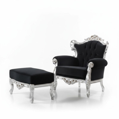 Armchair + Ottoman Upholstery Armchair Design Luxury Solid Wood Classical Baroque Rococo Set