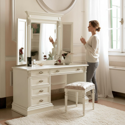 Makeup Table Mirror Stool Complete Dresser Set Bedroom New 3-piece.