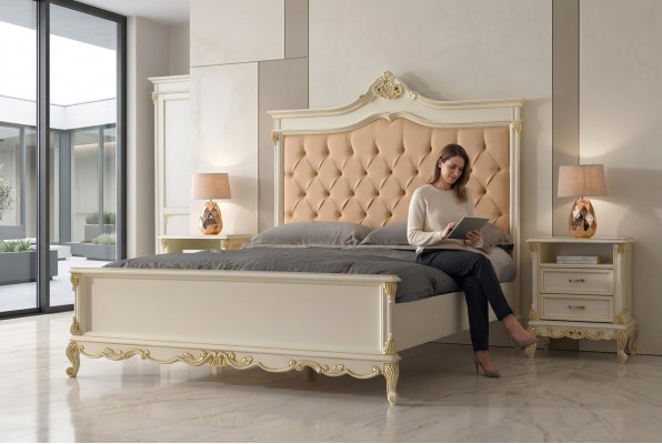 Bedroom bed with 2 bedside tables group set beds Chesterfield solid wood