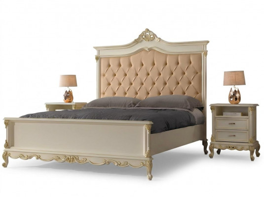 Bedroom bed with 2 bedside tables group set beds Chesterfield solid wood
