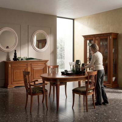 Dining Room Complete Set: Table, Sideboard, 4x Chairs, Display Cabinet, Baroque 7-piece, Solid Wood