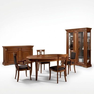 Dining Room Complete Set: Table, Sideboard, 4x Chairs, Display Cabinet, Baroque 7-piece, Solid Wood