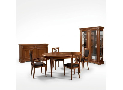 Dining Room Complete Set: Table, Sideboard, 4x Chairs, Display Cabinet, Baroque 7-piece, Solid Wood