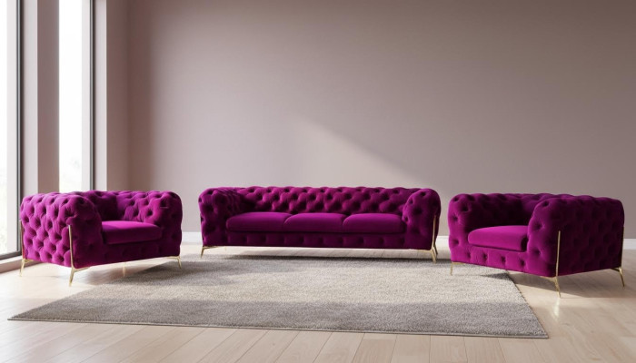 Designer Chesterfield Sofa Set Sofa Couch Upholstery Set in Velvet 3+2+1 Seater